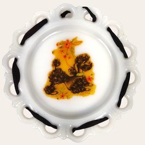 Vintage Victorian Lattice Edge Milk Glass Plate Black Poodles & Hanging Ribbon